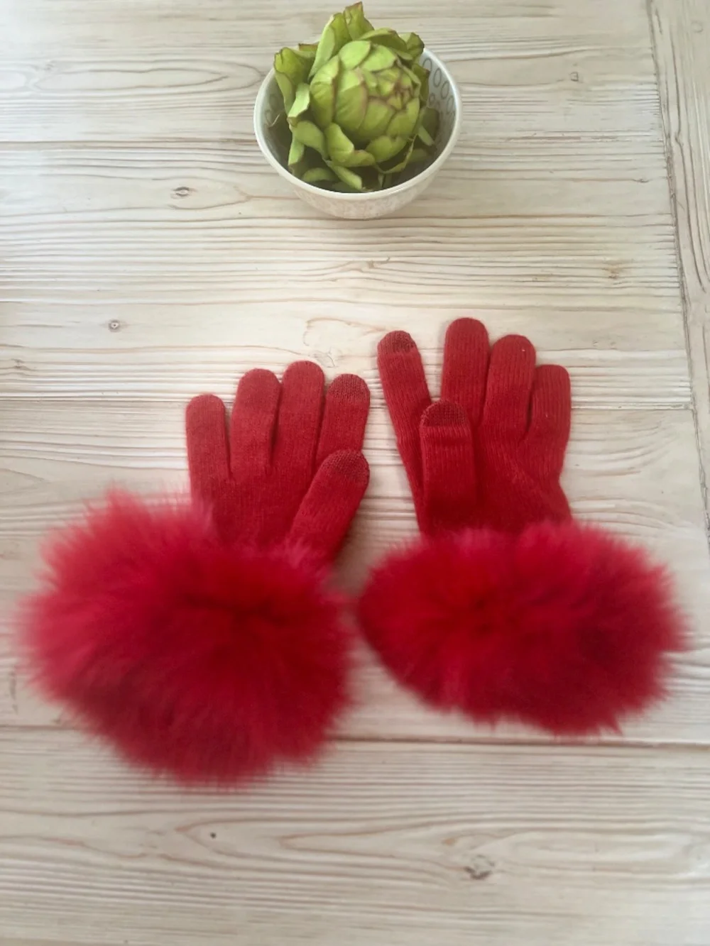 100% Cashmere Red Gloves with Fur Cuffs One Size